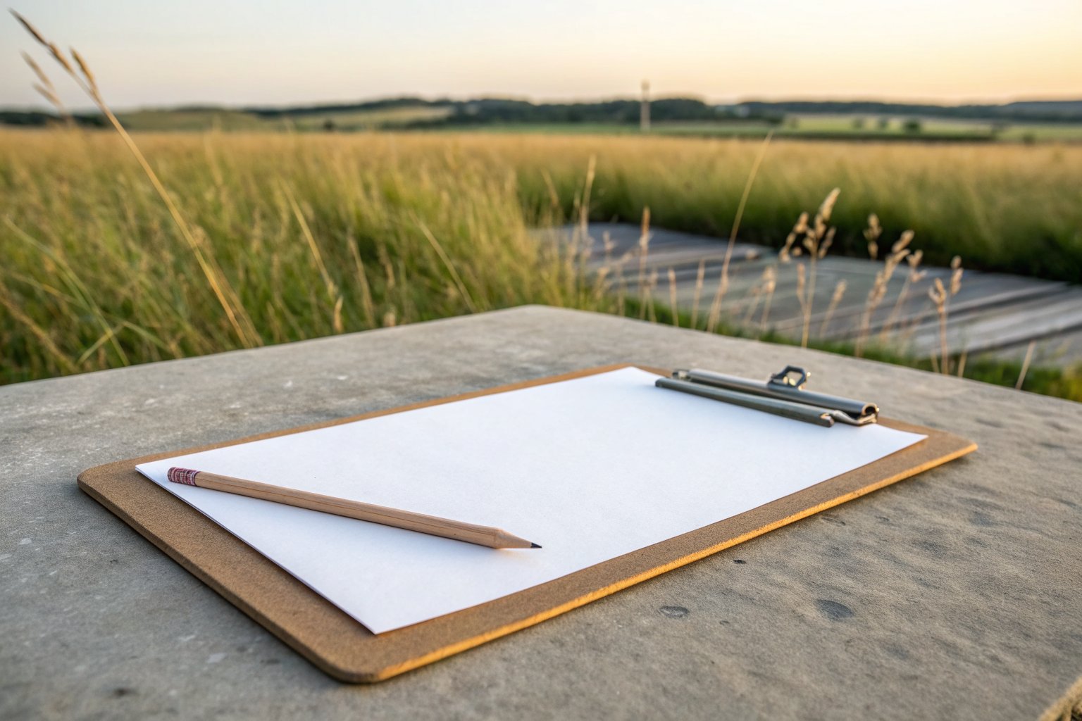Blank clipboard and pencil on a concrete patio table, with tall prairie grass and a low tree line at sunset behind