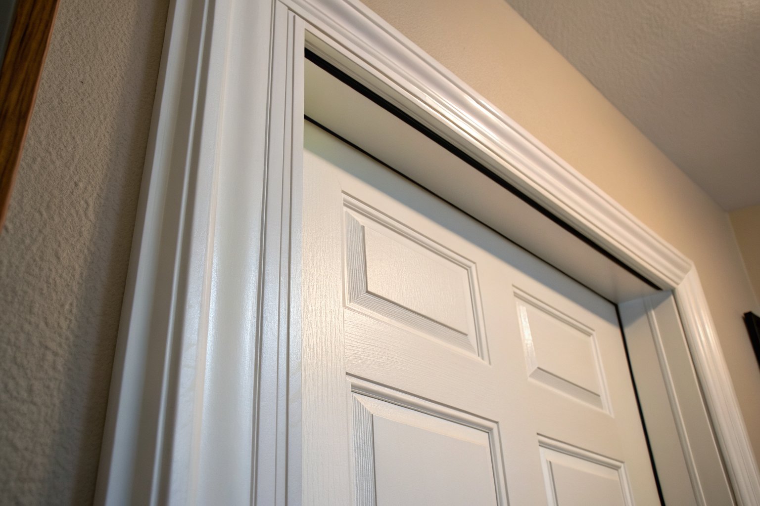 Top of a white six-panel door with a dark gap along its upper edge where it meets the frame