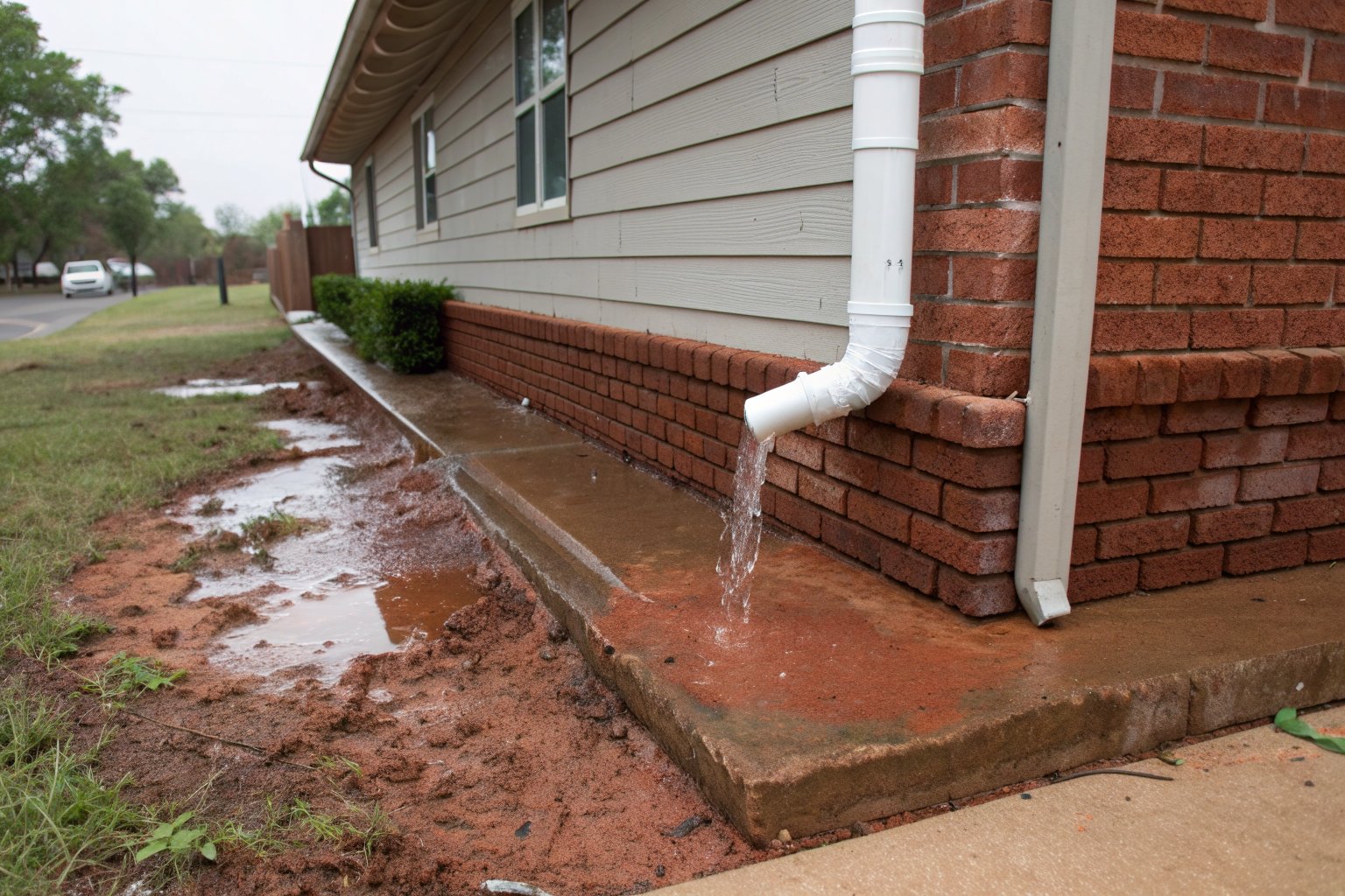 White downspout pouring rainwater onto bare red soil right against the slab edge of a brick house
