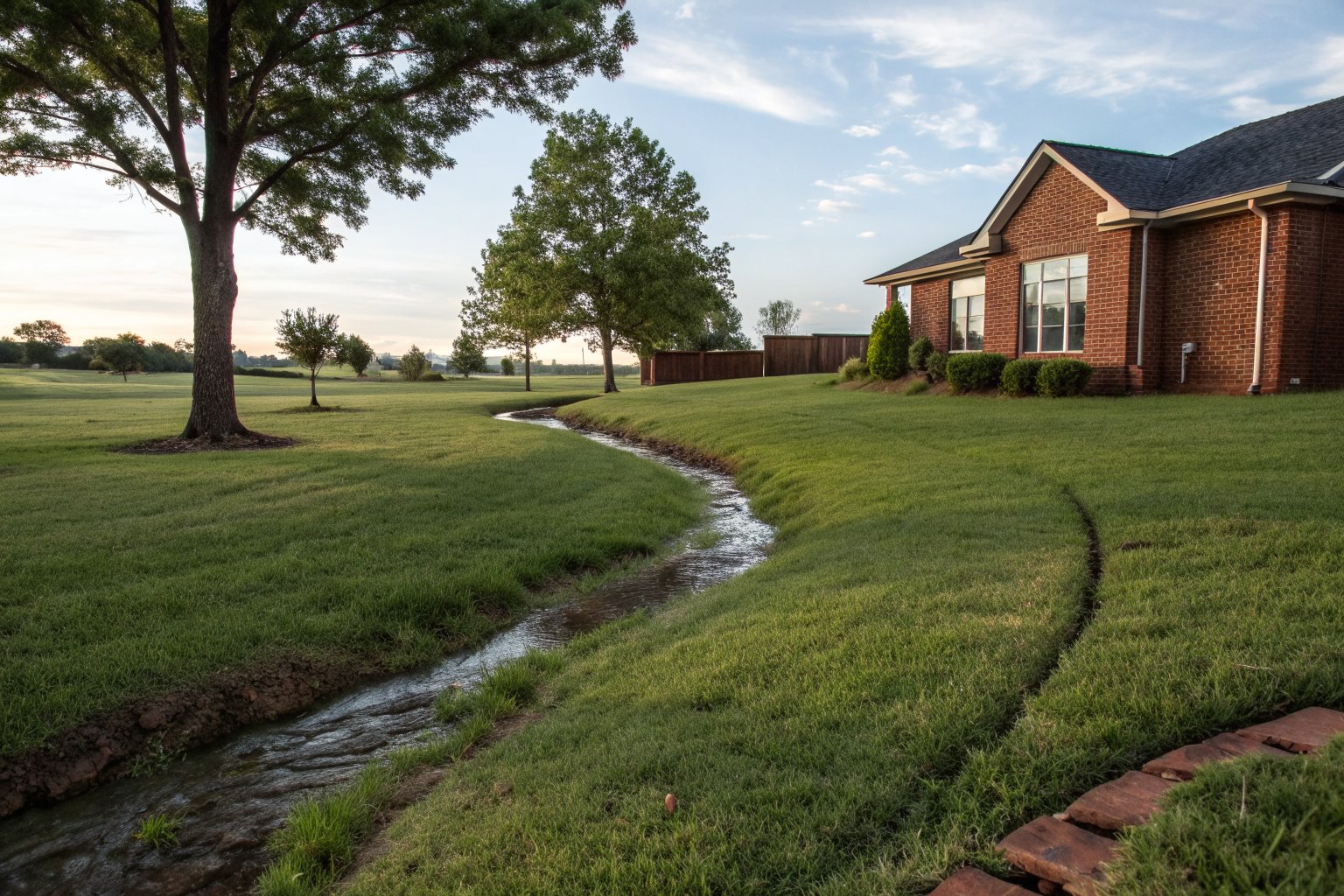 Shallow grassy swale carrying a thin stream of rainwater across a back yard away from a brick house