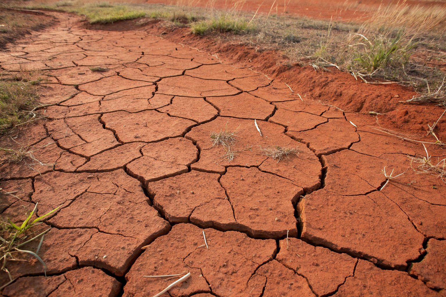 Dry red soil in a yard split by wide, deep cracks