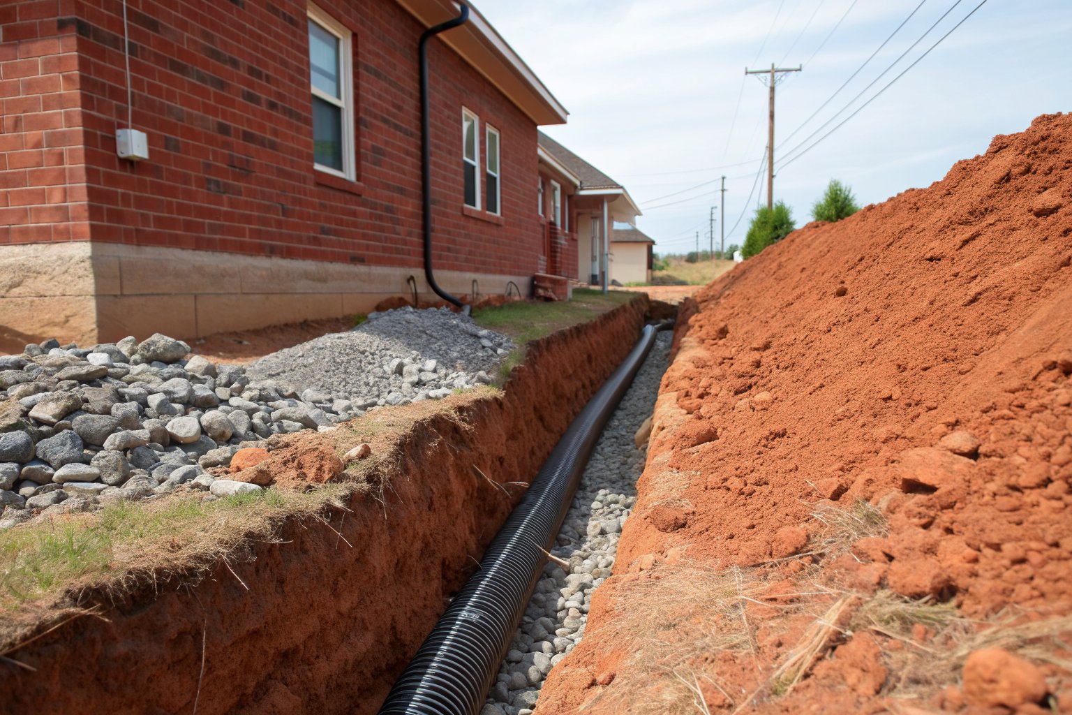 Narrow trench beside a brick house with black perforated pipe on gravel in red-orange soil