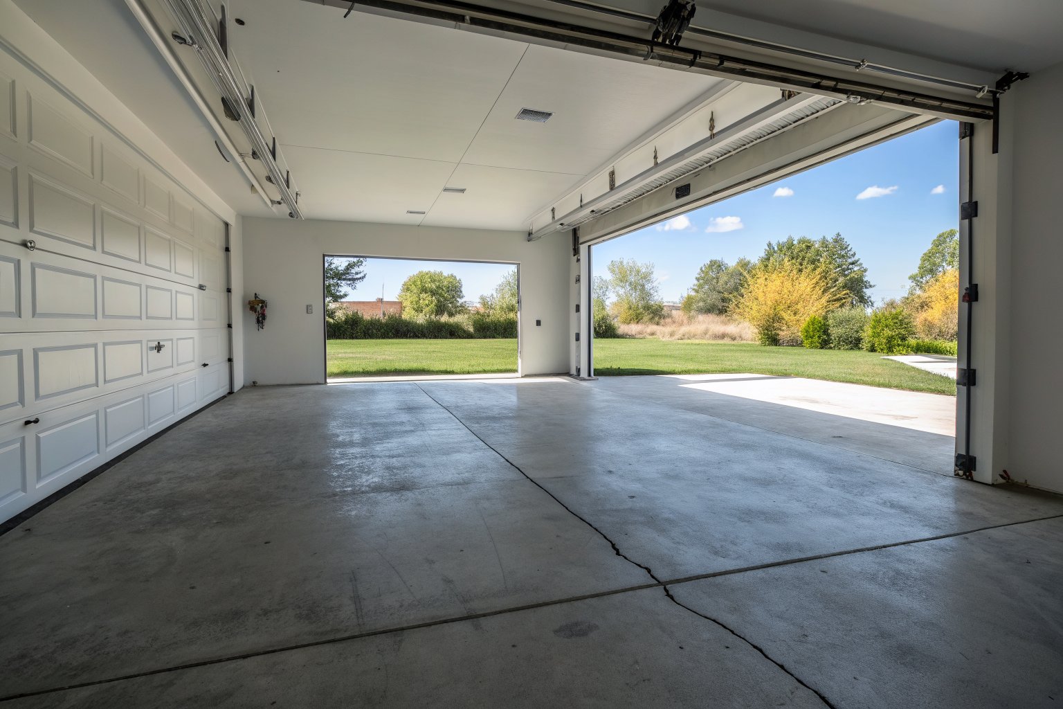 Long jagged crack running across a bare concrete garage floor toward the open garage doors