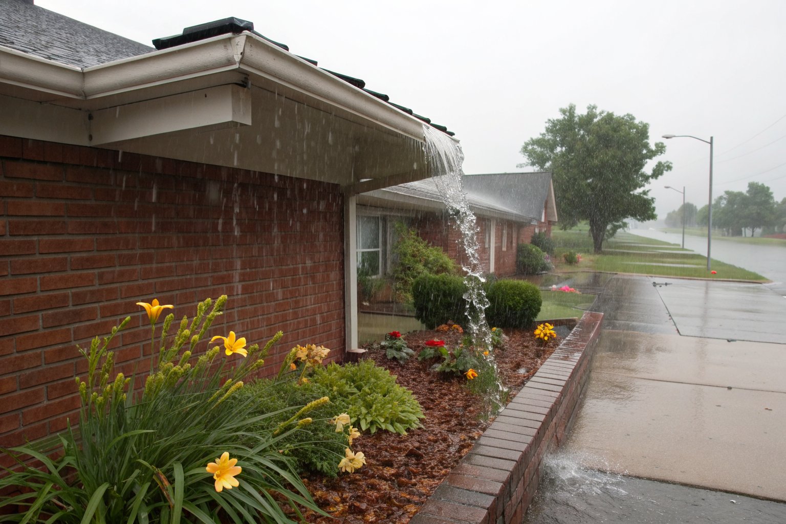 Rainwater pouring over a gutter onto a flower bed of daylilies and mulch against a brick foundation