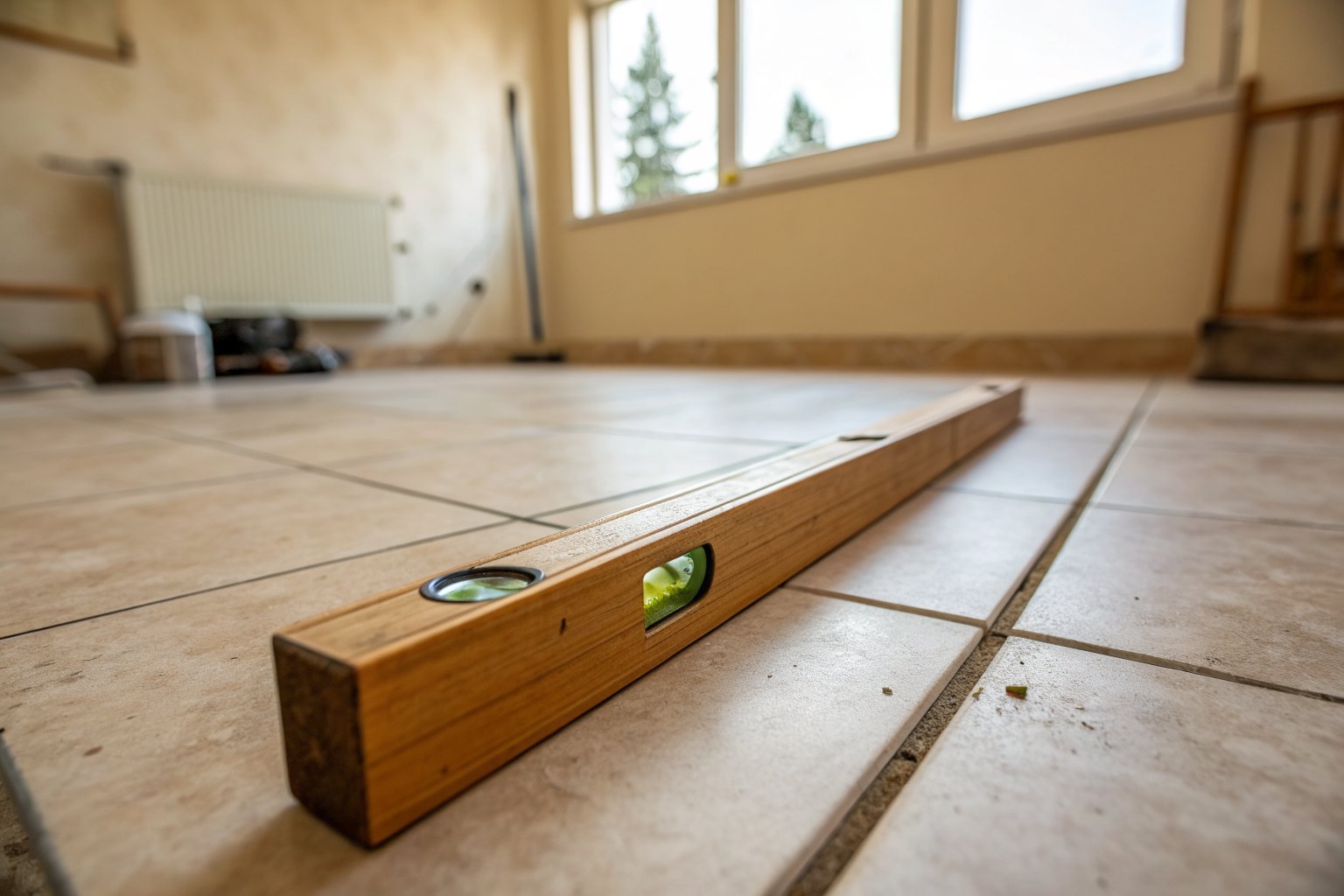 Light wooden spirit level lying on a beige ceramic tile floor