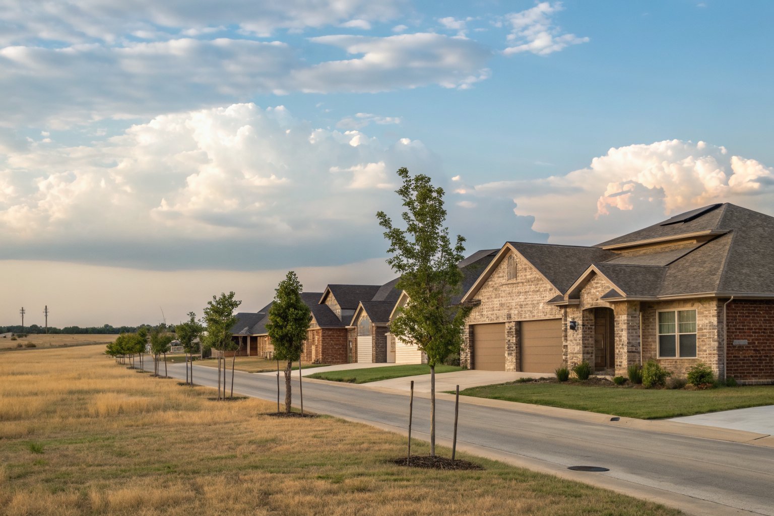 Row of newer brick and stone-front homes with staked young trees, open prairie grassland beyond