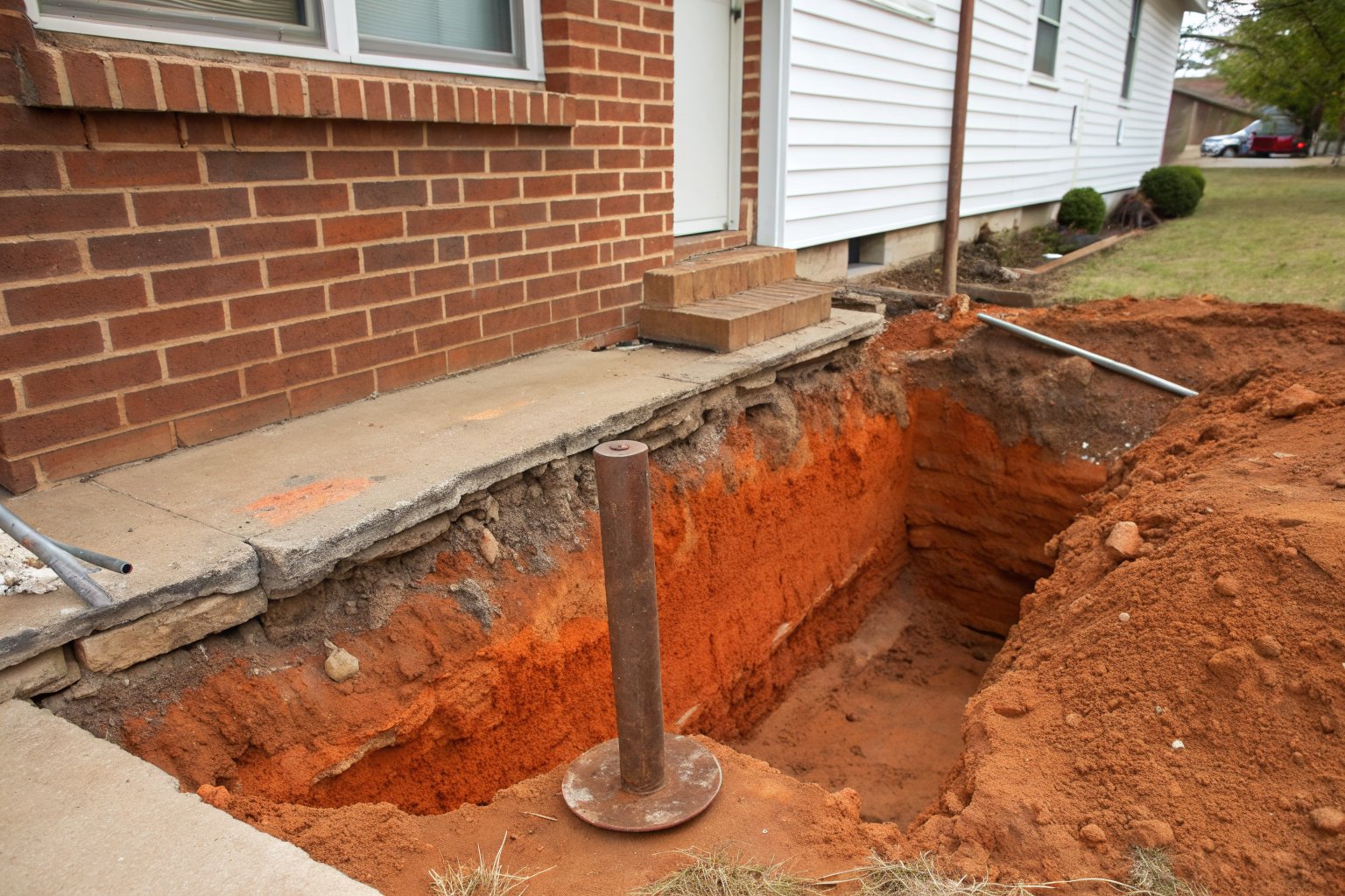 Rust-brown steel pier pipe standing in a pit of red-orange soil dug beside a concrete slab and brick wall