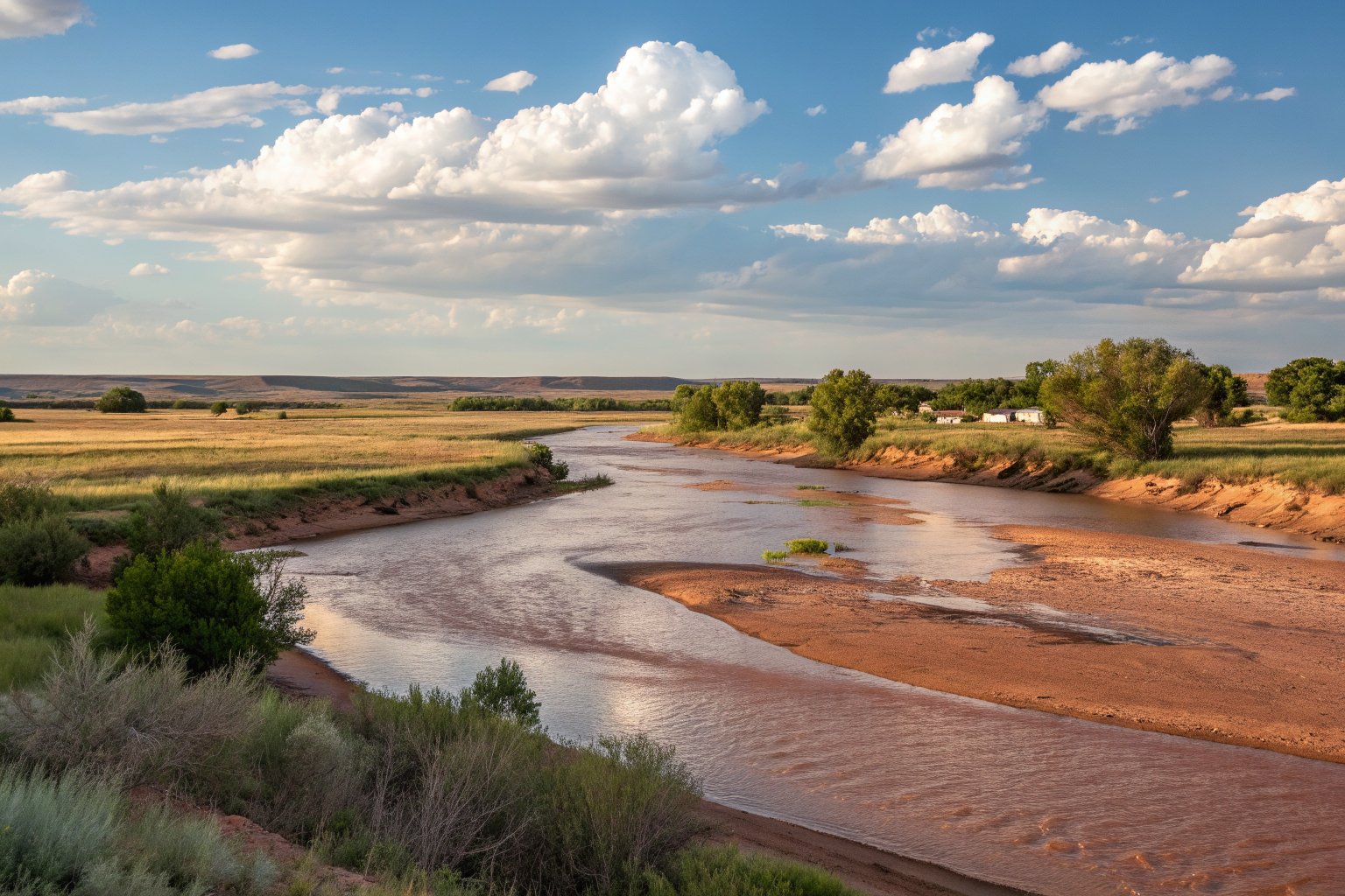 Wide, shallow river with reddish-brown water braiding around pale sandbars between low tree-lined banks
