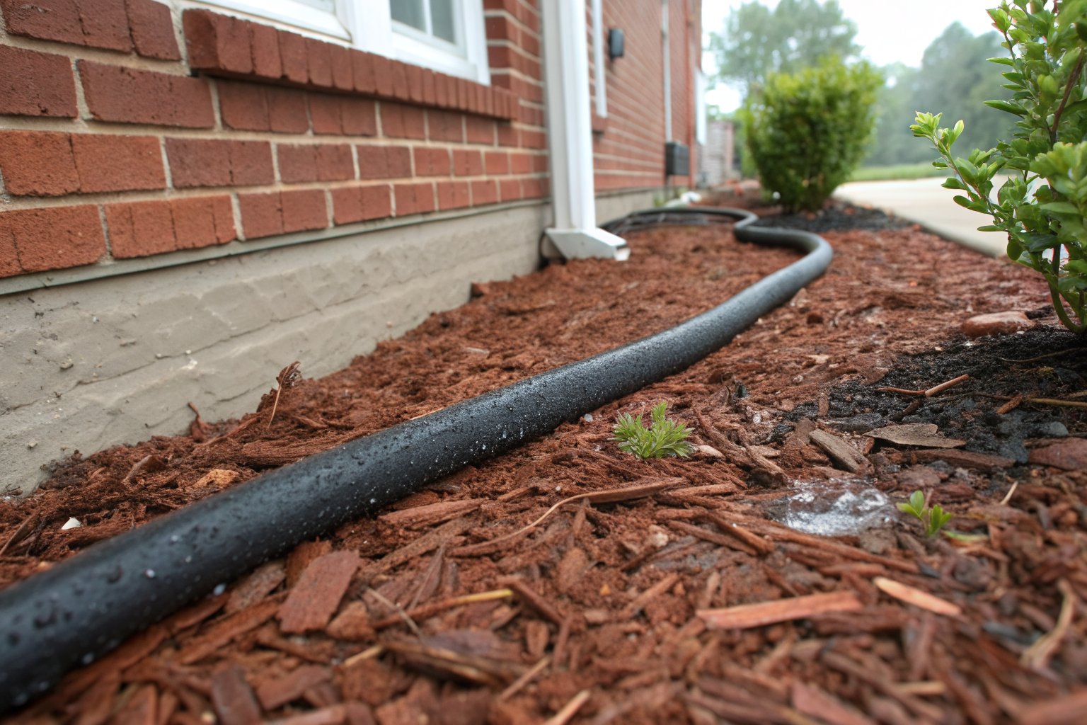 Soaker hose beaded with water in a mulch bed along a red-brown brick foundation