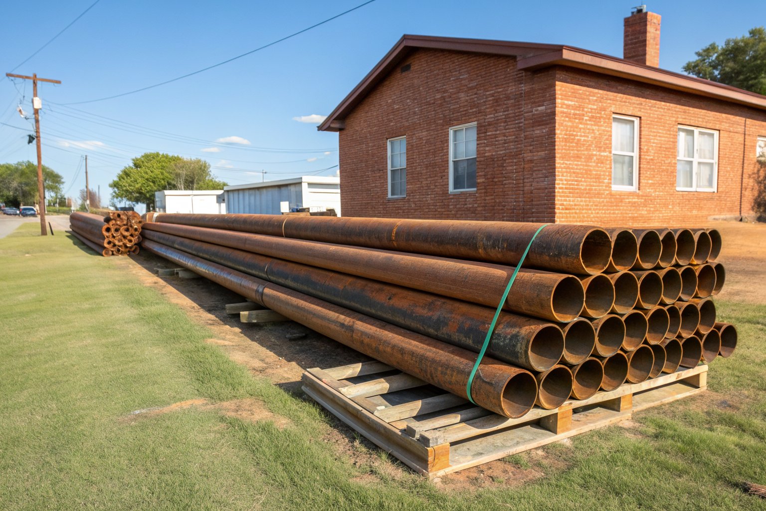 Bundle of rusty steel pipes on a wooden pallet beside a brick house
