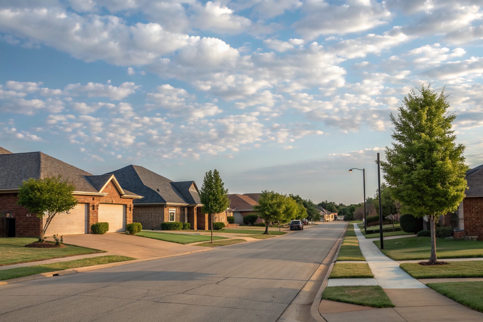 Wide street of one-story brick homes with two-car garages and young trees in green lawns