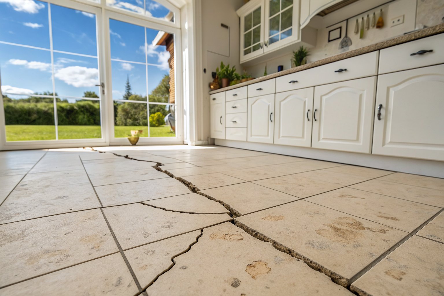 Crack running across beige ceramic floor tiles in a bright kitchen