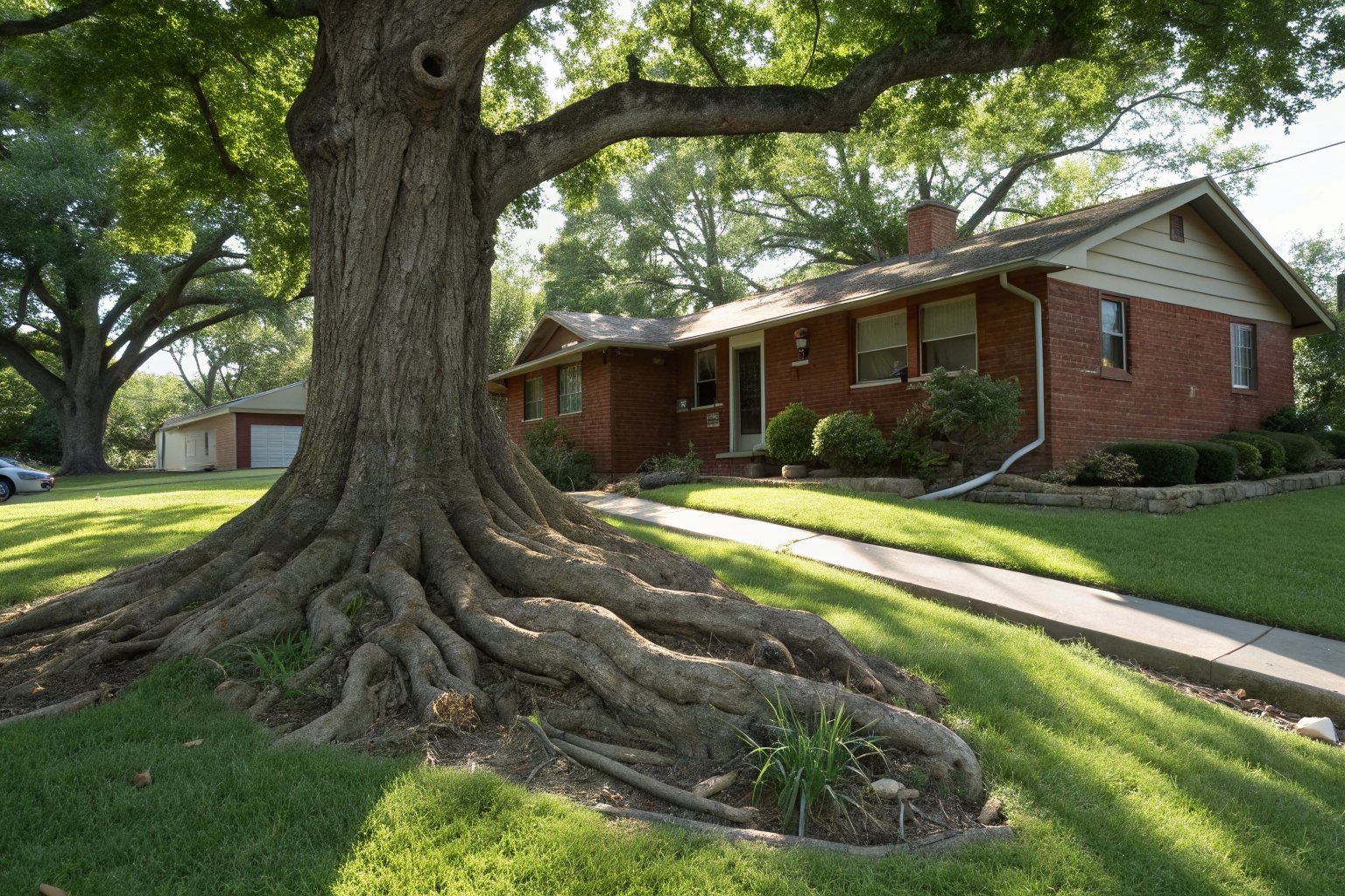 Thick surface roots of a large old elm spreading across a lawn toward a brick ranch house