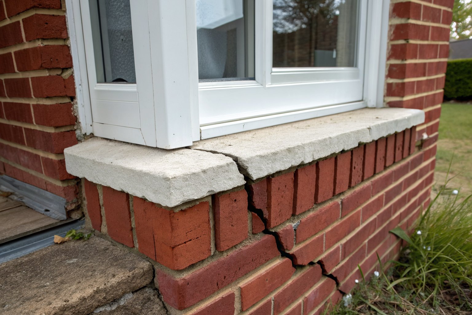 Crack running from the corner of a white window sill down through red-brown brick and mortar